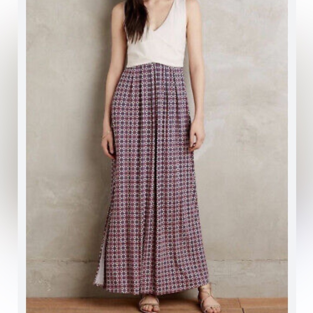 Anthropologie Pink Print Tan Blue Maeve Stretchy Colorblock Elysian Maxi Dress